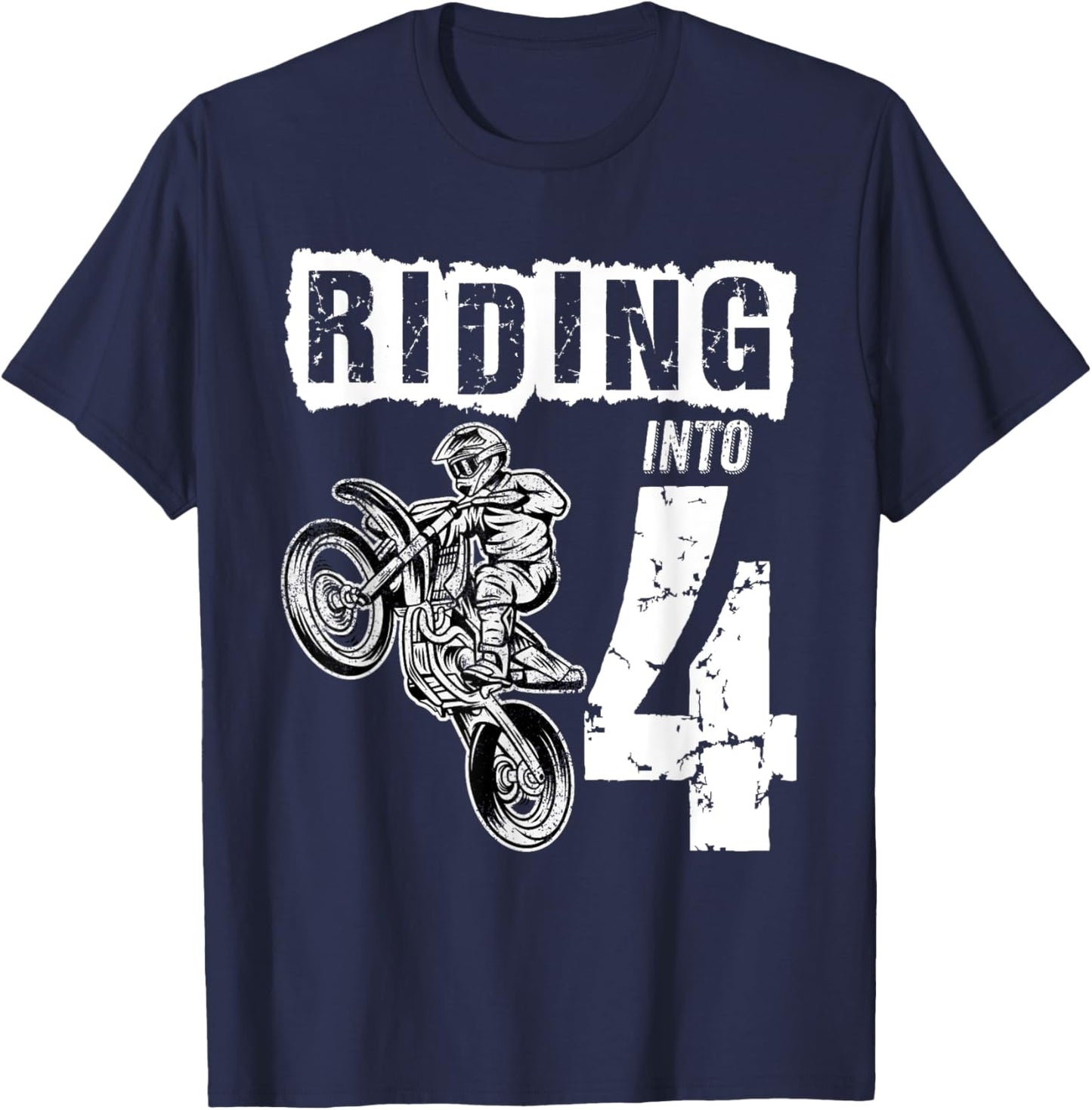 Riding Into 4 Years Old 4th Birthday Boy Dirt Bike Party T-Shirt - T-Shirt | Navy