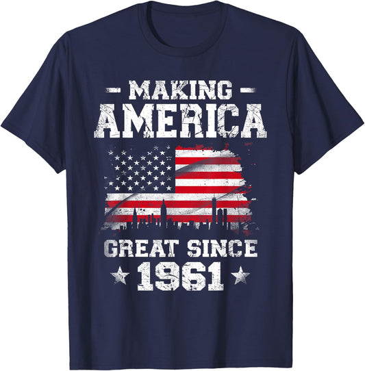Born In 1961 American Flag Making America Great Since 1961 Women Kids Men T-Shirt - T-Shirt | Navy