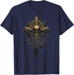 Gothic Cross and Skull Goths Design Filigree Victorian Cross T-Shirt - T-Shirt | Navy