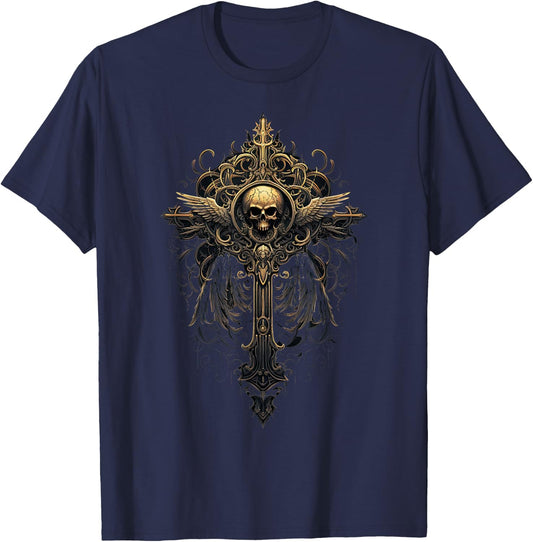 Gothic Cross and Skull Goths Design Filigree Victorian Cross T-Shirt - T-Shirt | Navy