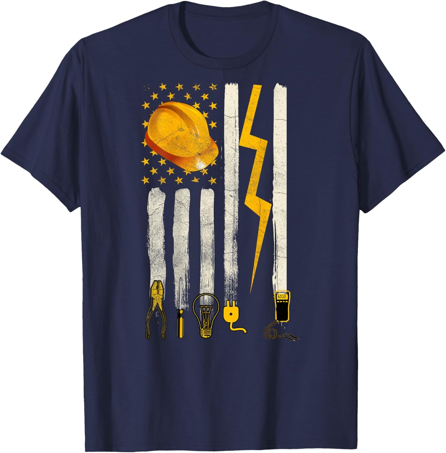 Electrician Tools Patriotic American Flag Design On Back T-Shirt - T-Shirt | Navy