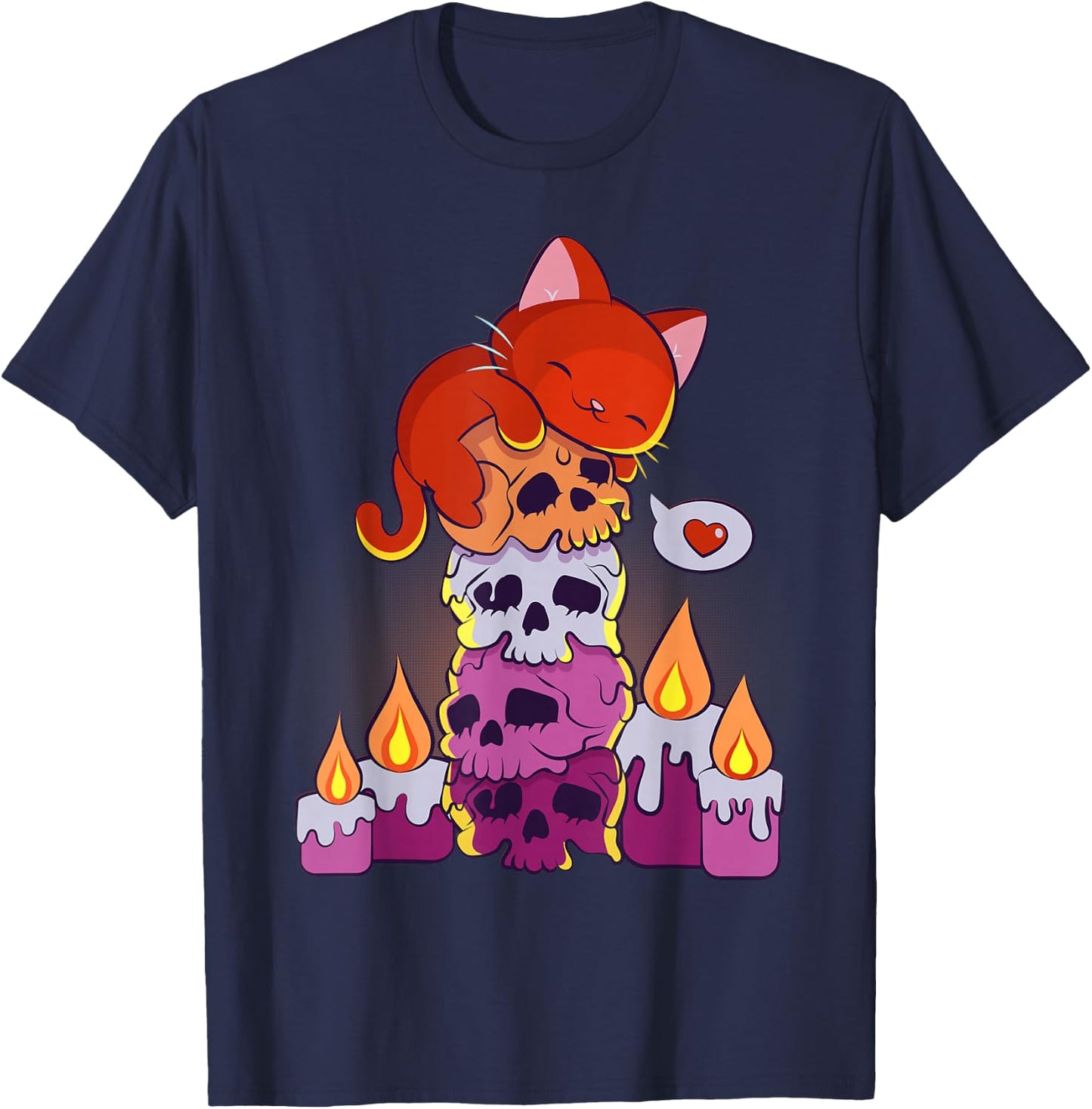 Subtle Lesbian Pride Aesthetic Kawaii Cat on Skulls Anime T-Shirt - T-Shirt | Navy