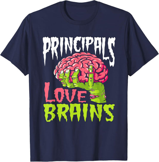 School Principals Love Brains Zombie Teacher Funny Halloween Men Women Kids T-Shirt - T-Shirt | Navy
