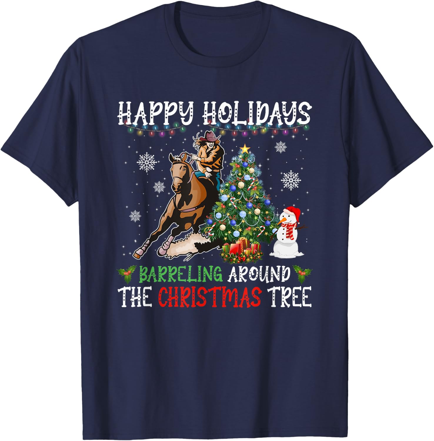 Happy Holidays Barreling Around Christmas Tree Barrel Racing T-Shirt - T-Shirt | Navy