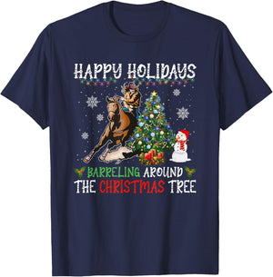 Happy Holidays Barreling Around Christmas Tree Barrel Racing T-Shirt - T-Shirt | Navy
