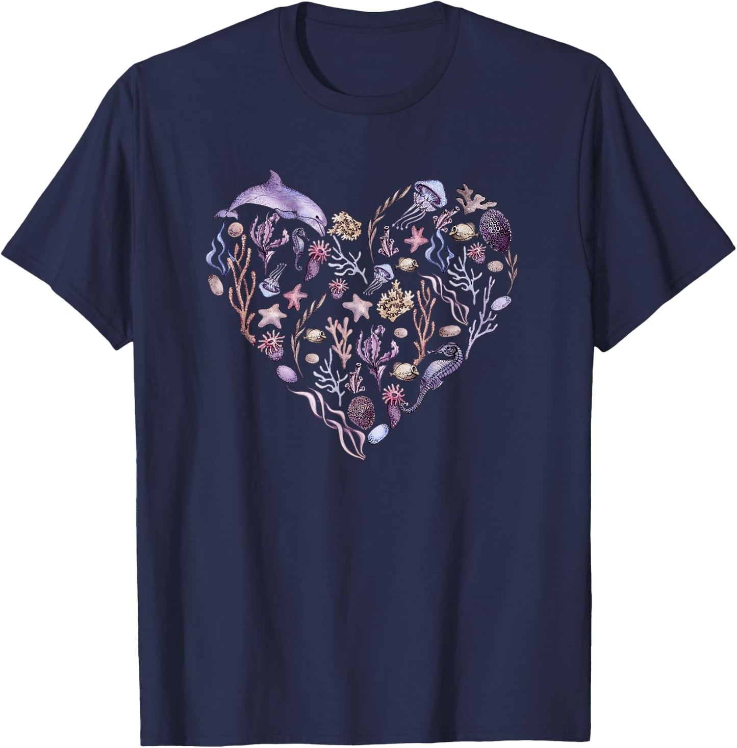 Under The Sea Life, Heart Design Ocean Animals, Plants Art T-Shirt - T-Shirt | Navy