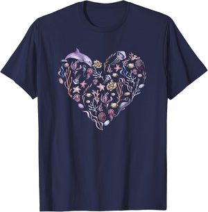 Under The Sea Life, Heart Design Ocean Animals, Plants Art T-Shirt - T-Shirt | Navy