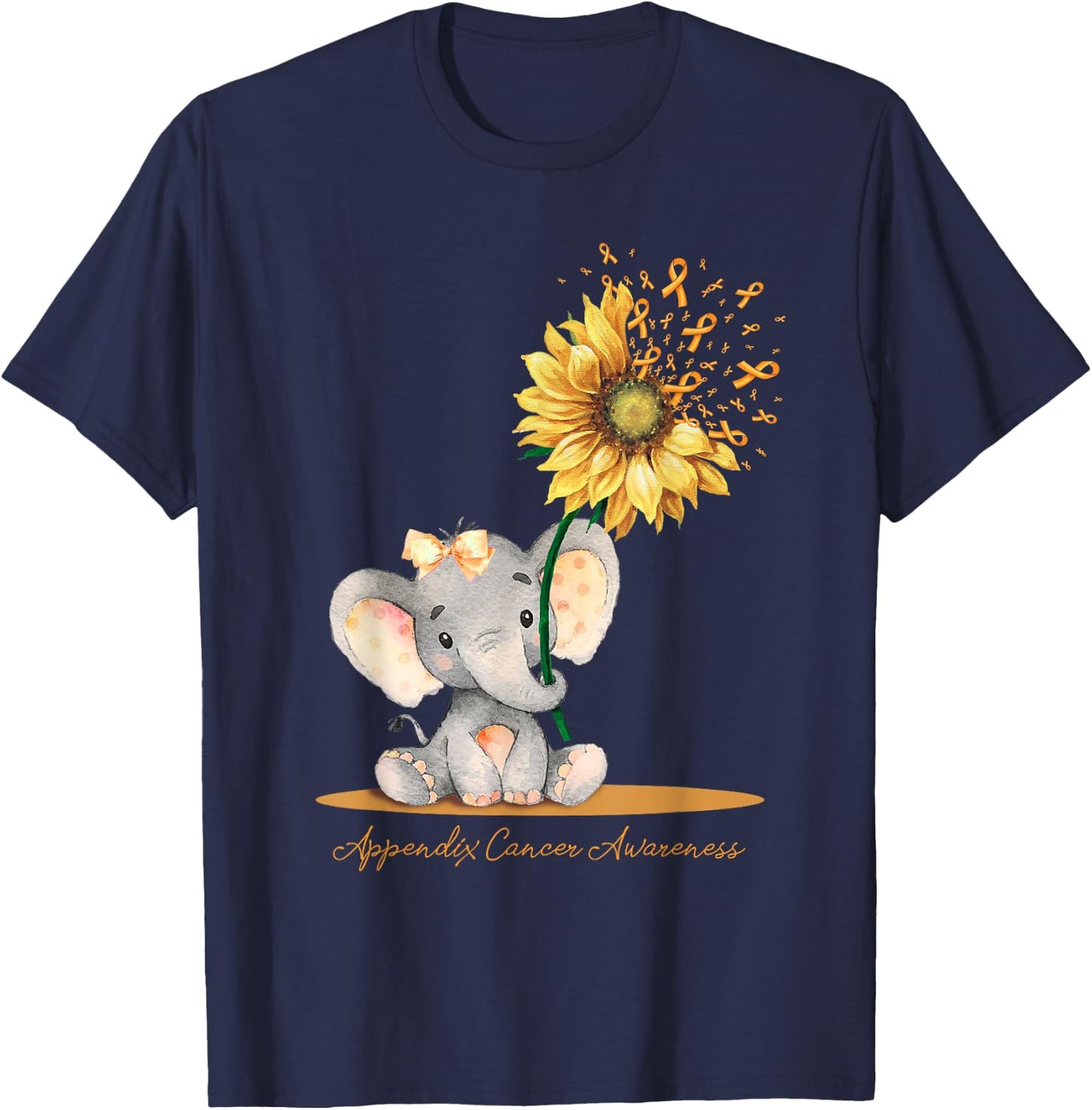 APPENDIX CANCER AWARENESS Cute Elephant Sunflower Orange T-Shirt - T-Shirt | Navy