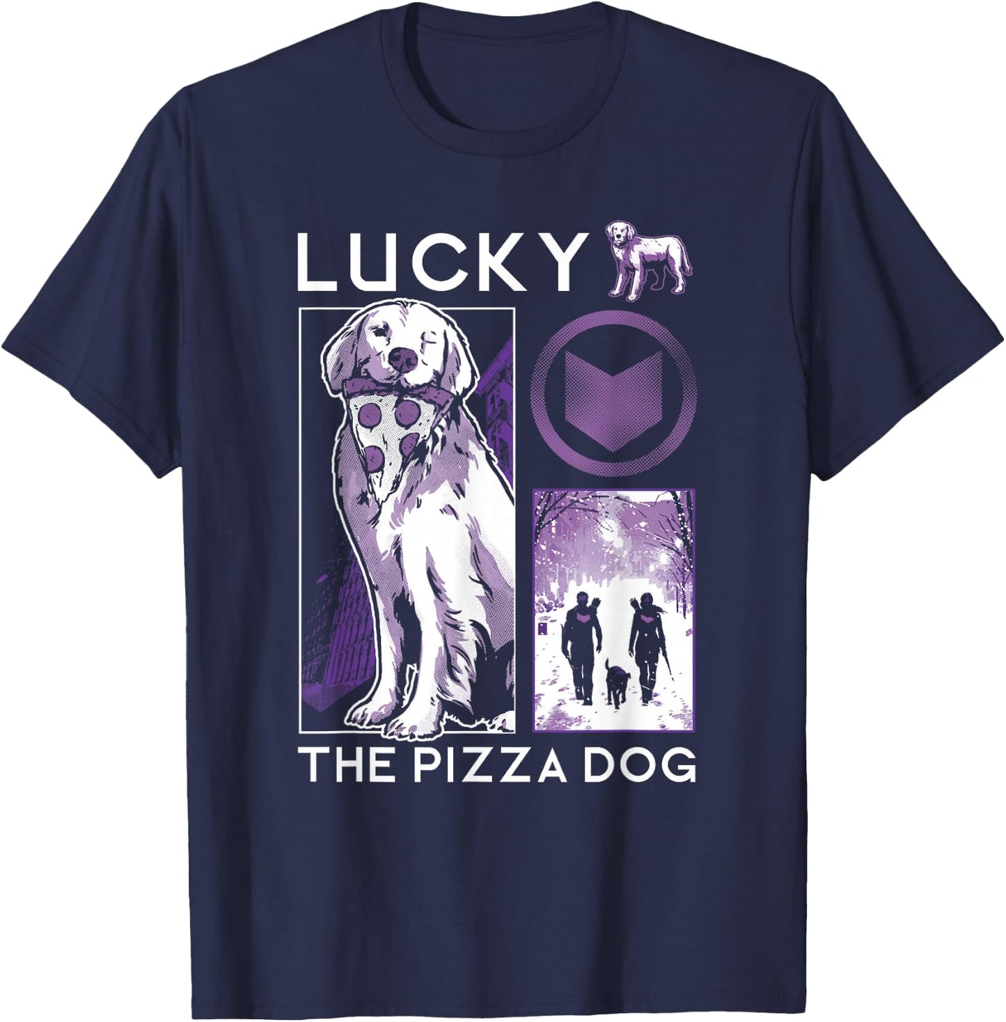 Marvel Hawkeye Lucky The Pizza Dog Purple Collage T-Shirt - T-Shirt | Navy
