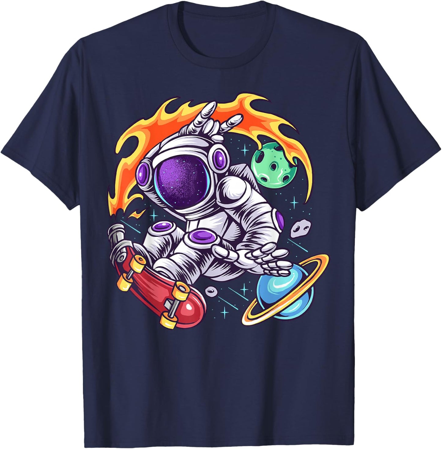 Astronaut Rides Skateboard In Space T-Shirt - T-Shirt | Navy