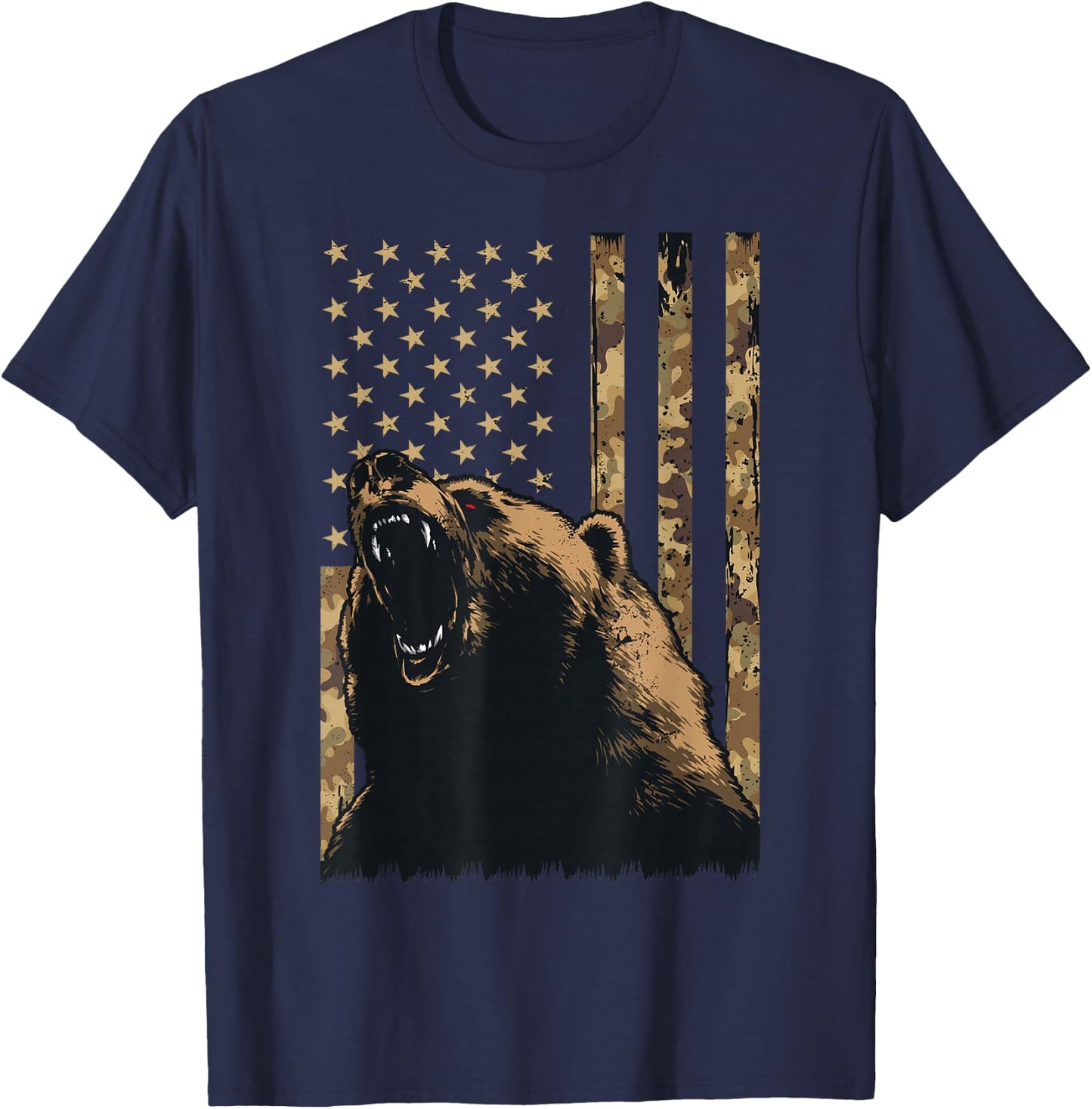 Desert Camo Grizzly Bear Grunge American Flag Tactical USA T-Shirt - T-Shirt | Navy