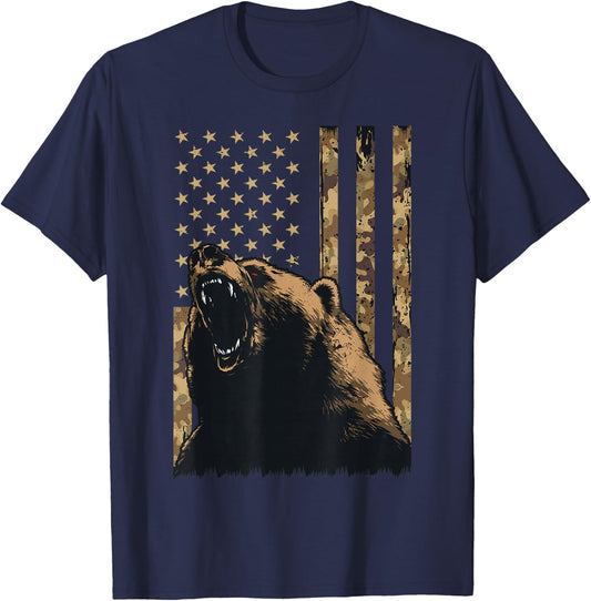 Desert Camo Grizzly Bear Grunge American Flag Tactical USA T-Shirt - T-Shirt | Navy