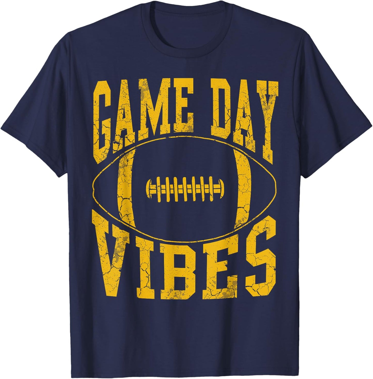Game Day Vibes Yellow Football Vintage Distressed Graphic T-Shirt - T-Shirt | Navy