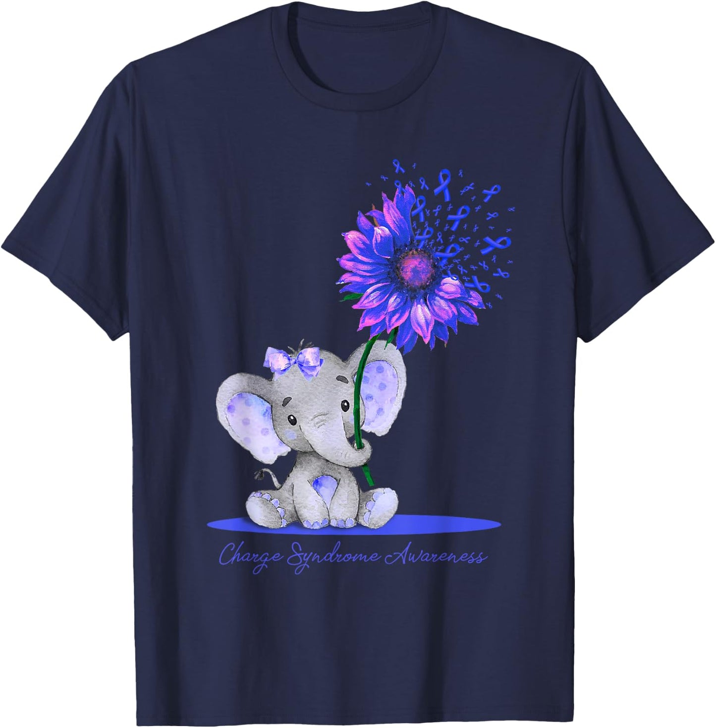CHARGE SYNDROME AWARENESS Cute Elephant Sunflower Blue T-Shirt - T-Shirt | Navy