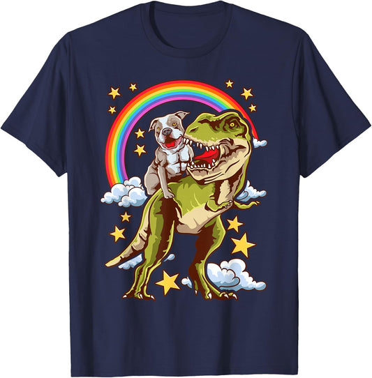 Funny Pitbull Riding A Dinosaur Rainbow Illustration Fun T-Shirt - T-Shirt | Navy