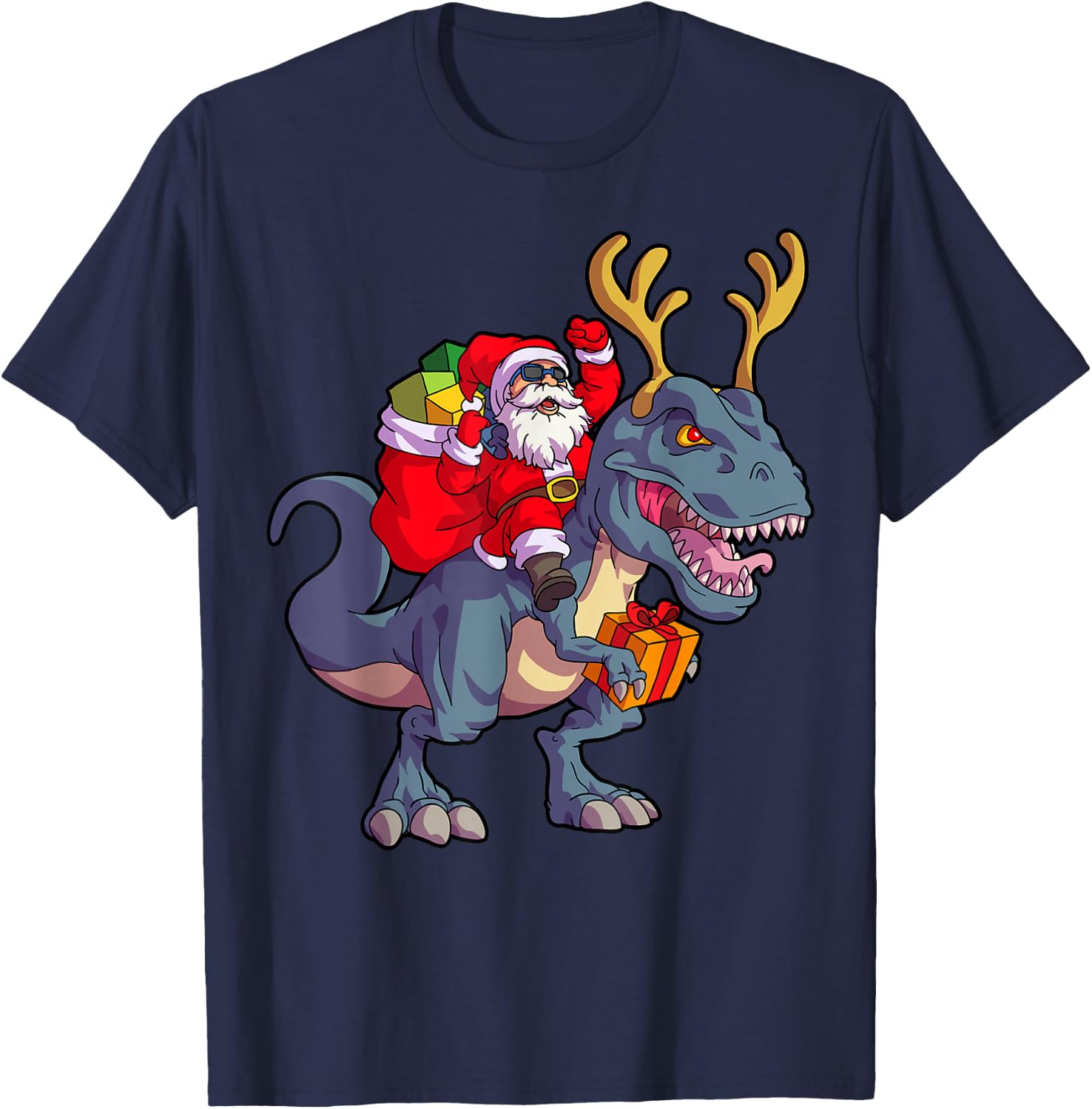Christmas Santa Riding Dinosaur Deer Xmas Kids Boys Men Short Sleeve T-Shirt - T-Shirt | Navy