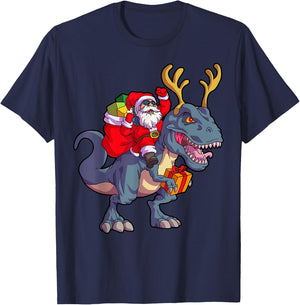 Christmas Santa Riding Dinosaur Deer Xmas Kids Boys Men Short Sleeve T-Shirt - T-Shirt | Navy