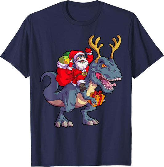 Christmas Santa Riding Dinosaur Deer Xmas Kids Boys Men Short Sleeve T-Shirt - T-Shirt | Navy
