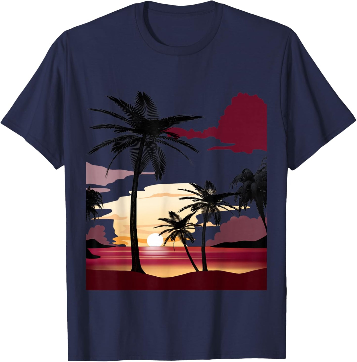 Beautiful Deep Red Sunset with Silhouetted Palm Trees T-Shirt - T-Shirt | Navy
