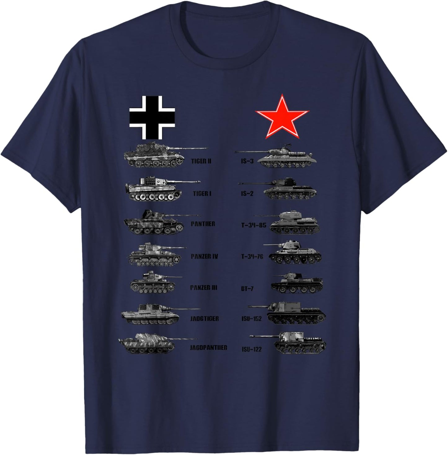 WW2 Tanks German Soviet Tiger I Tiger II IS-3 T-34 T-Shirt - T-Shirt | Navy