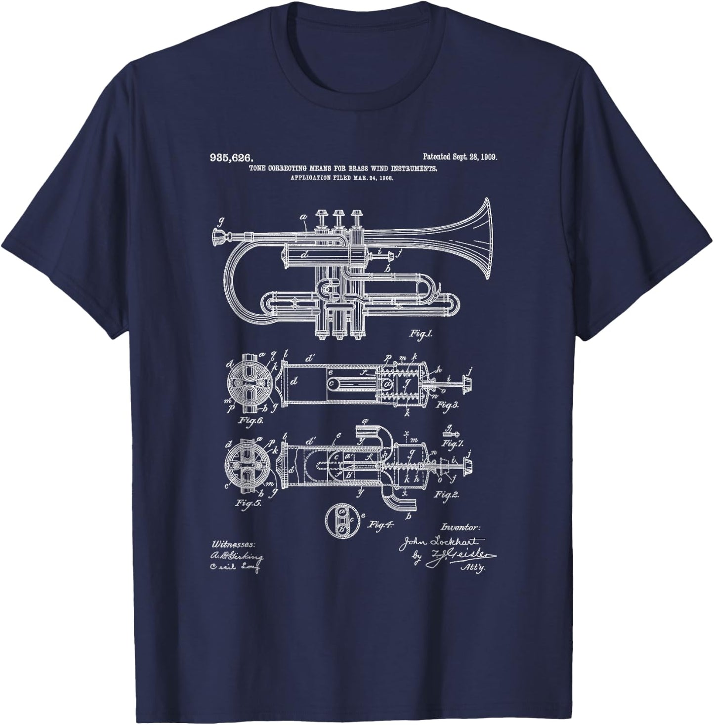 Trumpet Blueprint Vintage Patent Instrument Trumpet Player T-Shirt - T-Shirt | Navy