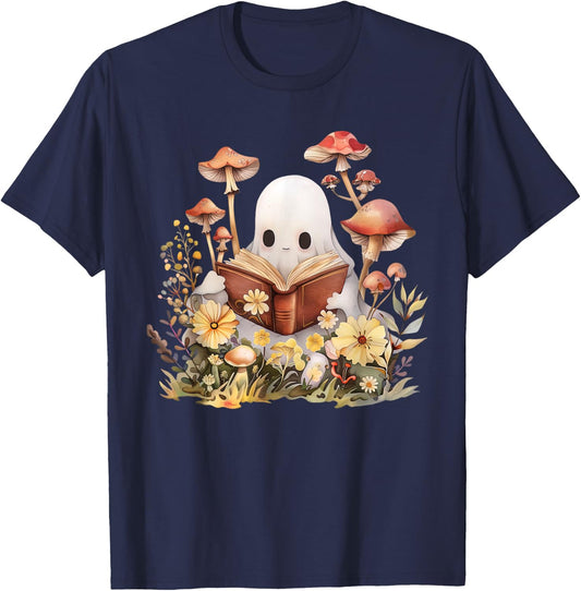 Cottagecore Librarian Cute Spooky Ghost Reading Book Lover T-Shirt - T-Shirt | Navy