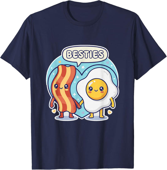Cute Kawai Bacon Egg Breakfast Besties BFF Friends Couples T-Shirt - T-Shirt | Navy