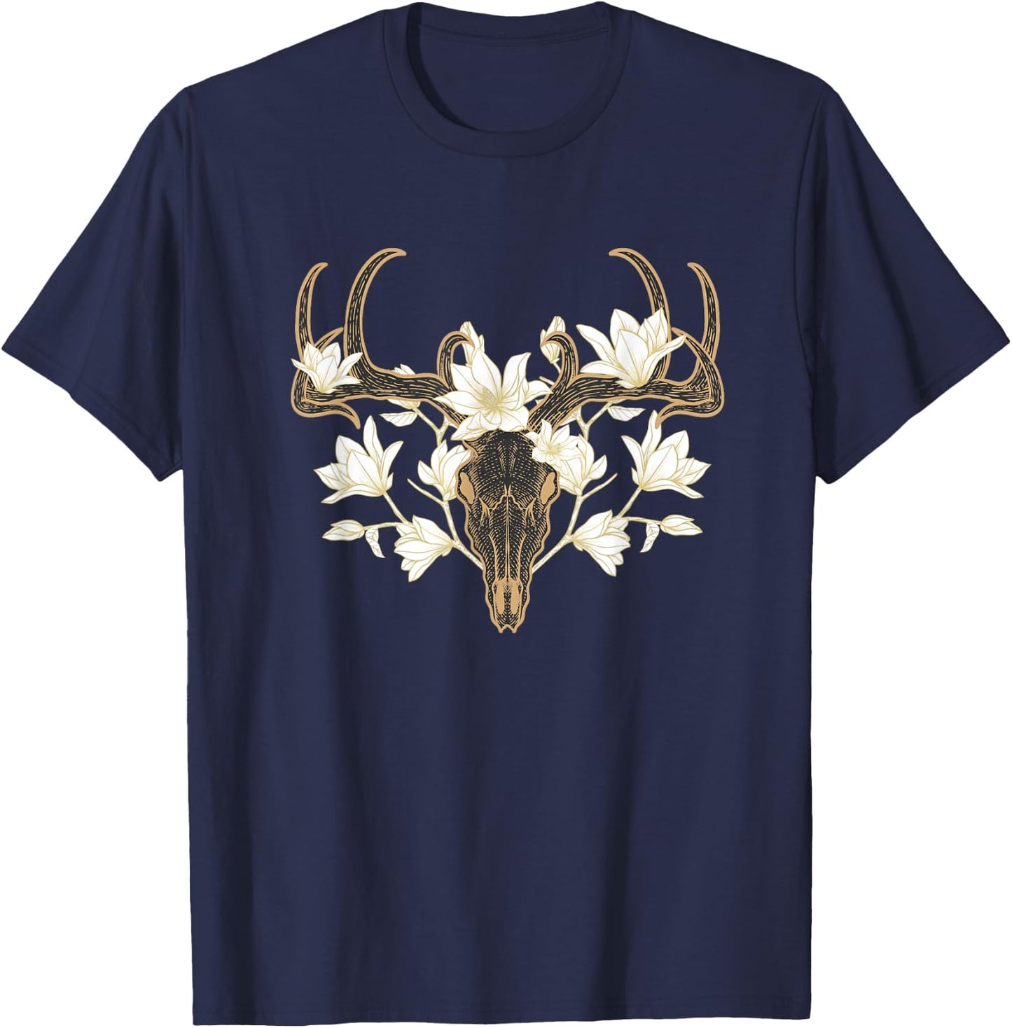 Flowered Deer Skull Howard Marsh T-Shirt - T-Shirt | Navy