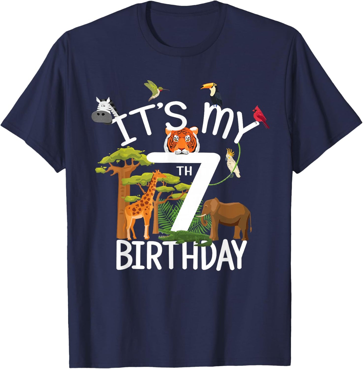 It's My 7th Birthday Boy Zoo Theme 7 Years Old Animal Party T-Shirt - T-Shirt | Navy