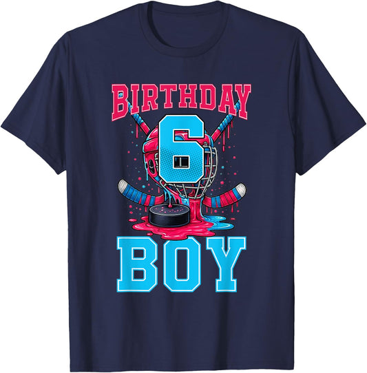 Hockey 6 Year Old Ice Cream Drip 6th Birthday Boy Party T-Shirt - T-Shirt | Navy