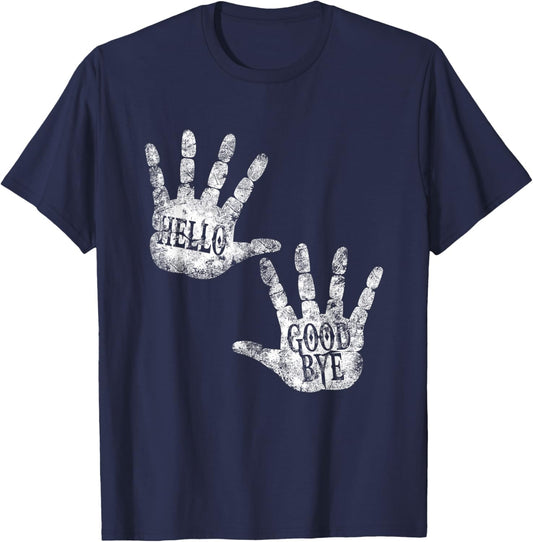 HELLO and GOODBYE Academy DAILY GREETINGS Humor Vintage Art T-Shirt - T-Shirt | Navy
