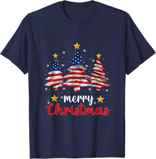 Merry Christmas Tree American Flag Funny US Flag Xmas Pajama T-Shirt - T-Shirt | Navy