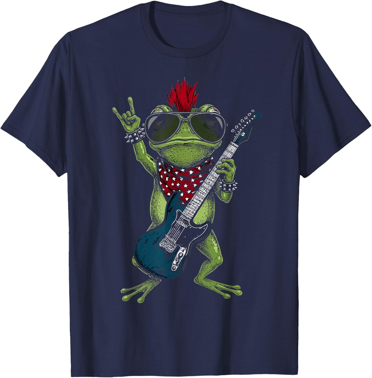 Funny Frog Playing Guitar USA Patriotic Mohawk Rock T-Shirt - T-Shirt | Navy