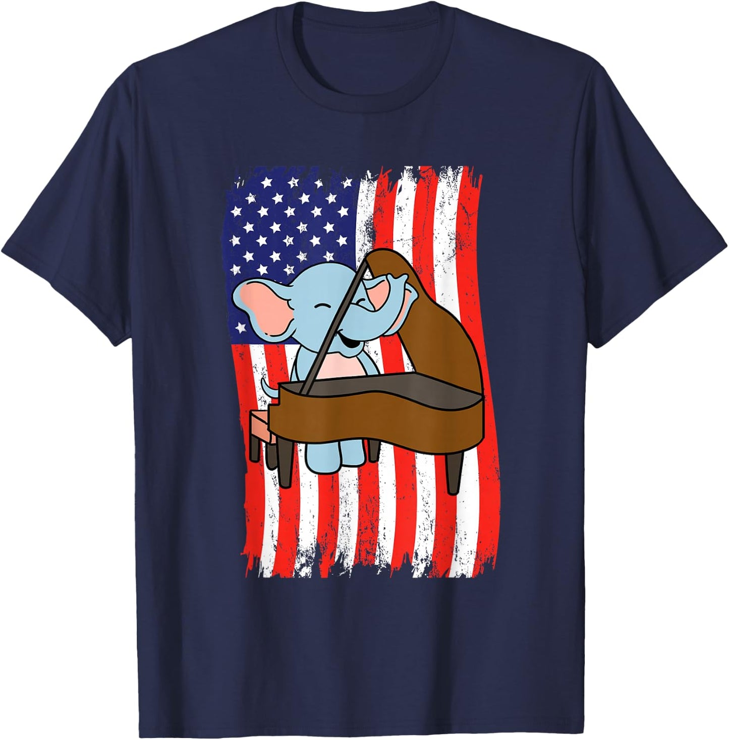 American Flag Elephant Playing Piano T-Shirt - T-Shirt | Navy