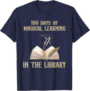 100 Days Of Magical Learning In The Library Book Lover T-Shirt - T-Shirt | Navy