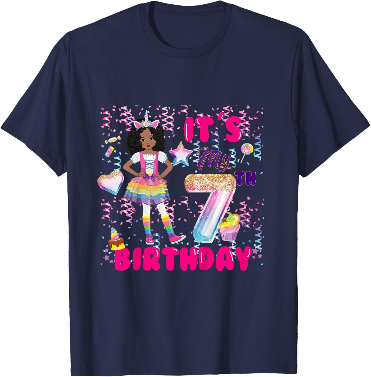 7th Birthday shirt Girls 7 yr African American 7th B-day T-Shirt - T-Shirt | Navy