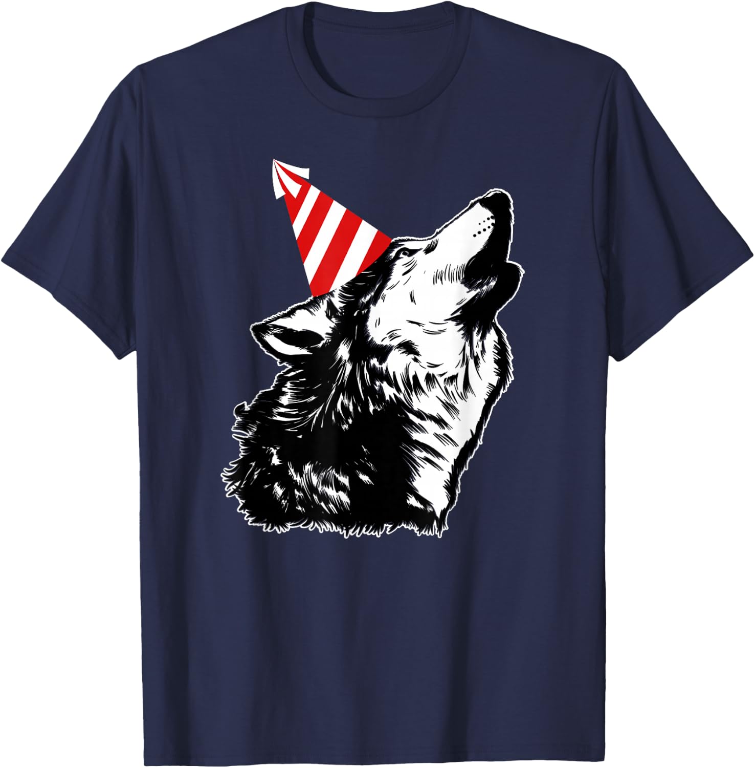 Wolf At A Party | Cute Wolf with a Birthday Hat T-Shirt - T-Shirt | Navy
