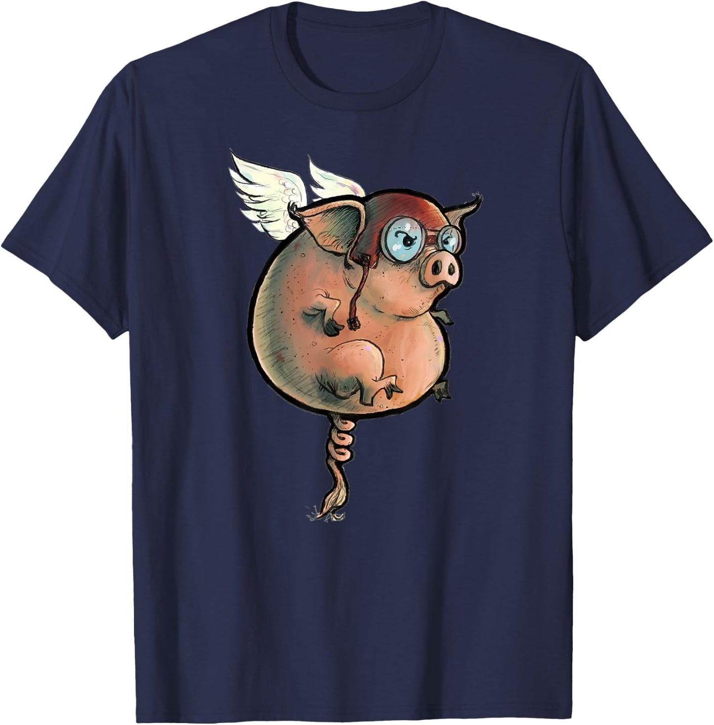 Flying Pig. Quirky, hand-drawn and painted art. T-Shirt - T-Shirt | Navy