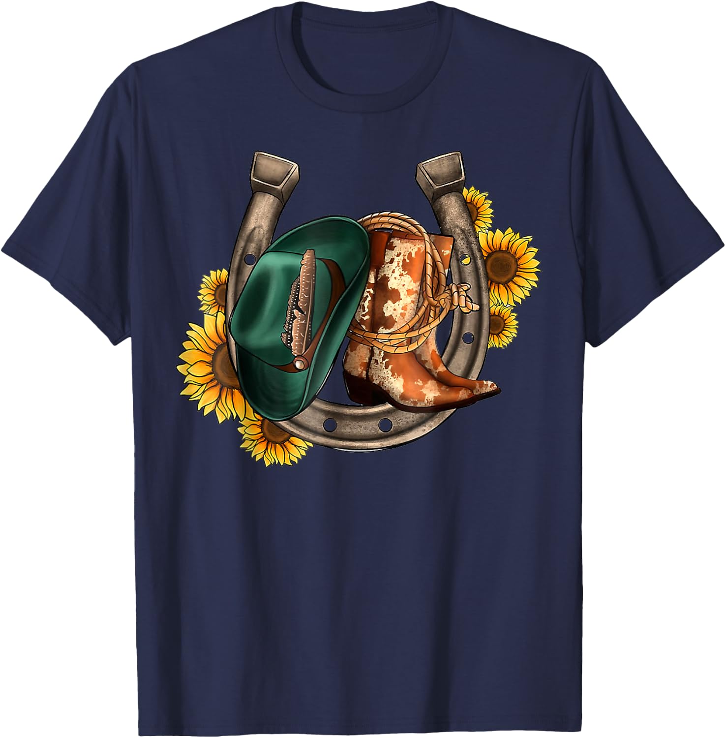 Cowboy Boots Cowboy Hat Horseshoes Sunflower Western Cowhide T-Shirt - T-Shirt | Navy