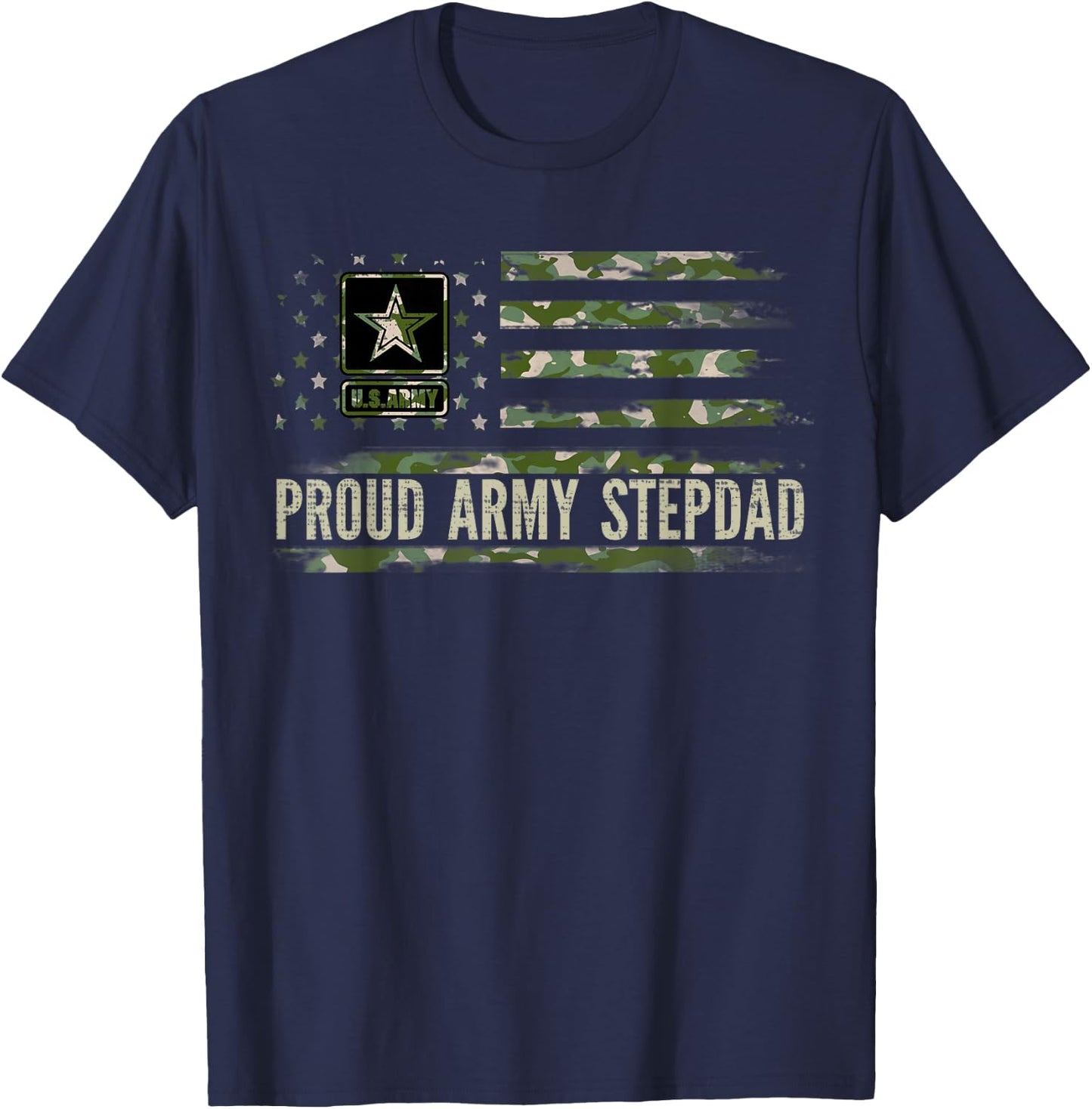 Vintage Proud Army Stepdad Camo American Flag Veteran Gift T-Shirt - T-Shirt | Navy