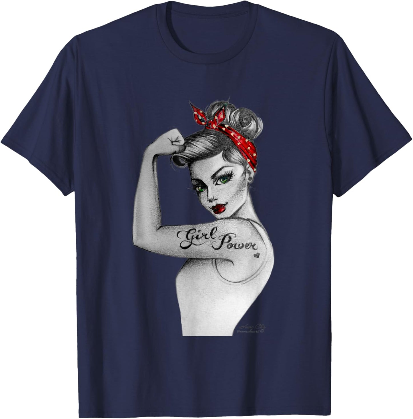 Girl Power Feminist Art Retro Rosie Riveter Style by AnneCha T-Shirt - T-Shirt | Navy