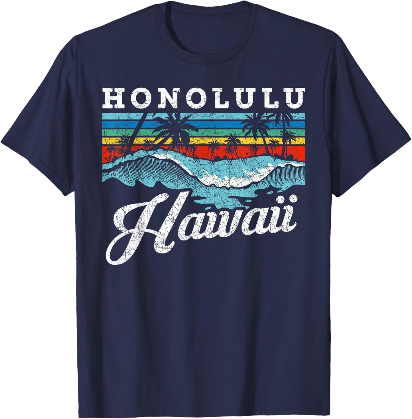 Waves Beach Honolulu Hawaiian Summer Surfing Retro Hawaii T-Shirt - T-Shirt | Navy