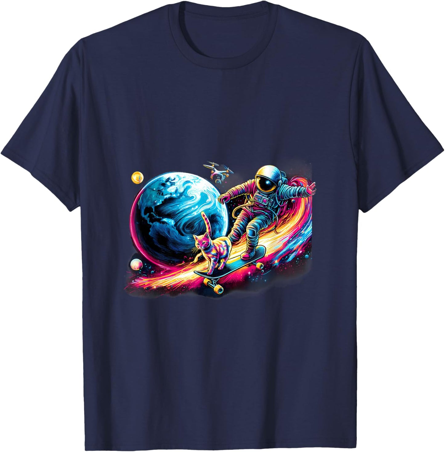 Cat And Astronaut Skateboarding The Outer Space T-Shirt - T-Shirt | Navy