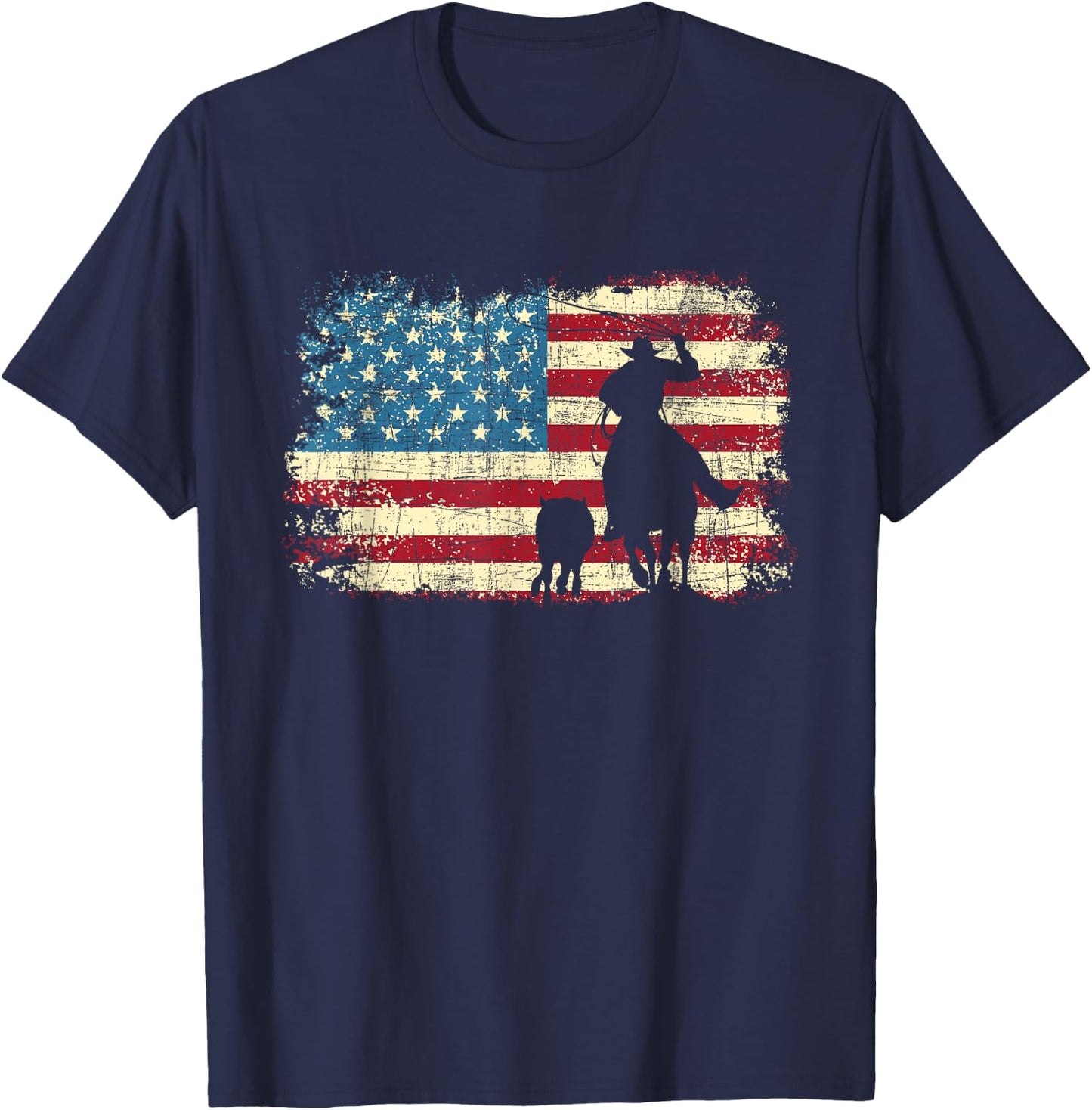 Team Roping - USA Flag Cowboy Cowgirl Rancher Heading Heeler T-Shirt - T-Shirt | Navy