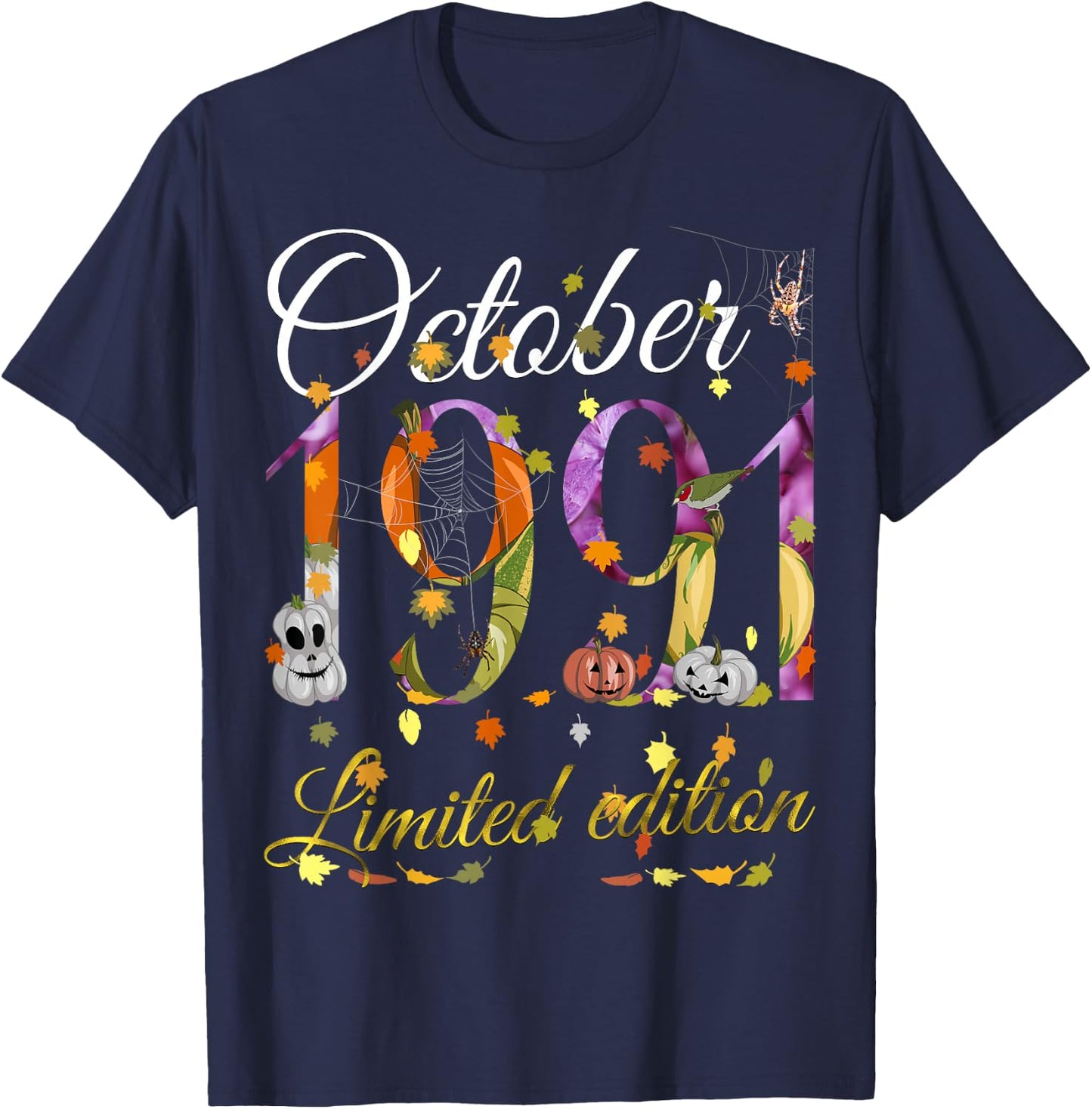 October 1991 34 Year Old Pumpkin Fall 34th Birthday Gift T-Shirt - T-Shirt | Navy
