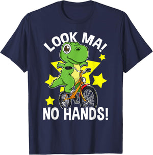 Look Ma No Hands Ride A Bicycle Learning Kids Funny Dinosaur T-Shirt - T-Shirt | Navy