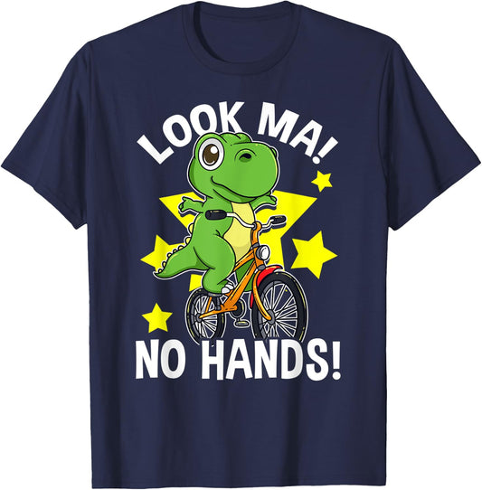 Look Ma No Hands Ride A Bicycle Learning Kids Funny Dinosaur T-Shirt - T-Shirt | Navy
