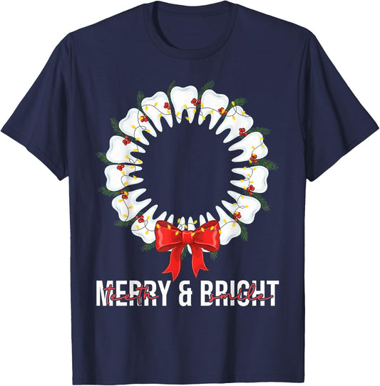 Teeth Smile Be Merry and Bright Dental Dentist Christmas T-Shirt - T-Shirt | Navy