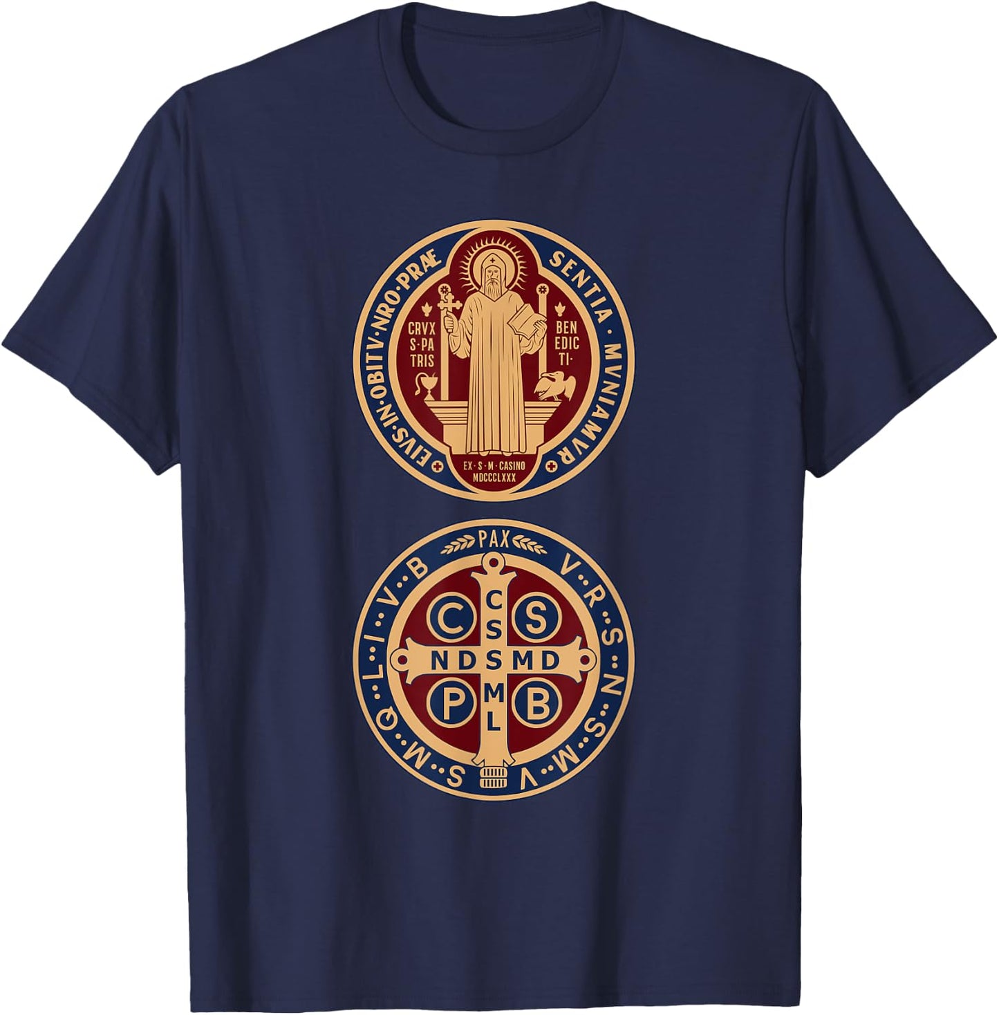 Saint Benedict Sacramental Medal Catholic T-Shirt - T-Shirt | Navy