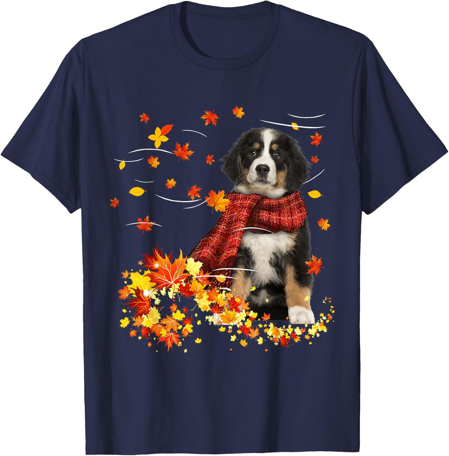 Bernese Mountain Fall Red Scarf Autumn Leaf Gift Dog Lover T-Shirt - T-Shirt | Navy